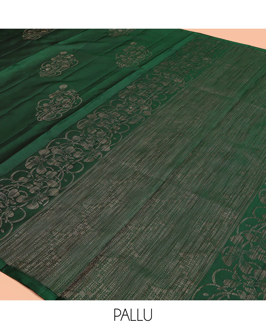 Borderless Green Mayuri Soft Silk Saree, Elevated with Buttas All Over Its Body, a Sparsely Sparkled Self-Pallu, and Paired with a Matching Blouse - Image 5