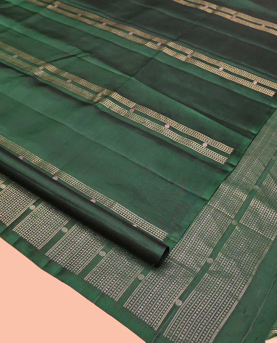 Borderless Green Mayuri Soft Silk Saree, Embellished with Stripes, Diamonds, and Poun Buttas All Over Its Body, Highlighted by a Geometric Design Pallu, and Paired with a Matching Blouse - Image 2