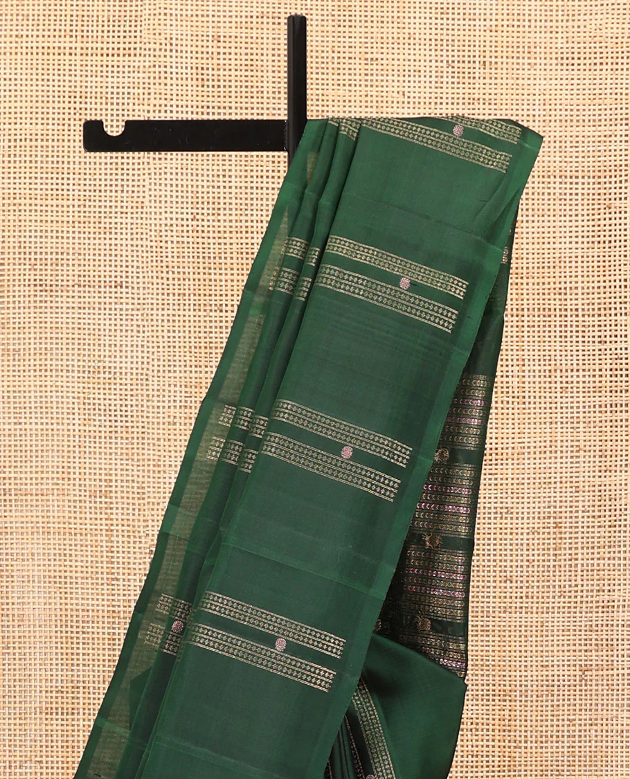 Borderless Green Mayuri Soft Silk Saree, Embellished with Stripes, Diamonds, and Poun Buttas All Over Its Body, Highlighted by a Geometric Design Pallu, and Paired with a Matching Blouse - Image 3