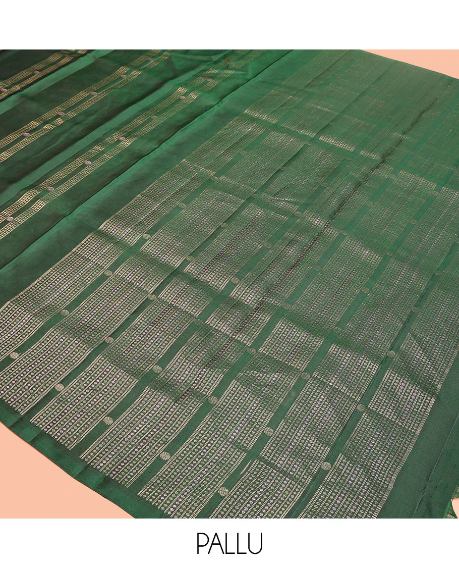 Borderless Green Mayuri Soft Silk Saree, Embellished with Stripes, Diamonds, and Poun Buttas All Over Its Body, Highlighted by a Geometric Design Pallu, and Paired with a Matching Blouse - Image 5