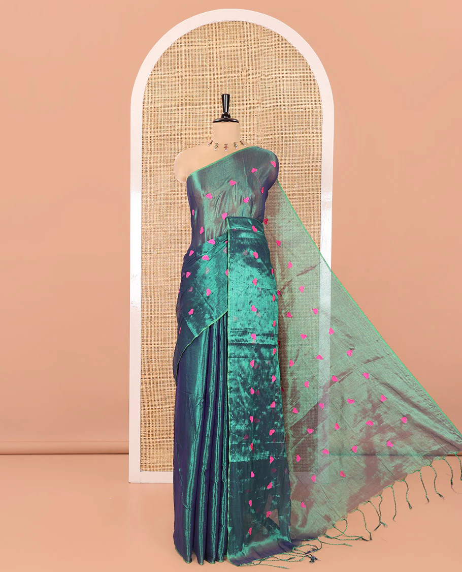 Borderless Green Tissue Mul Cotton Saree, Artfully Designed with Heart Motifs Embroidered on Its Body, Pallu Mirrors the Same Embroidery, and Is Paired with a Matching Blouse