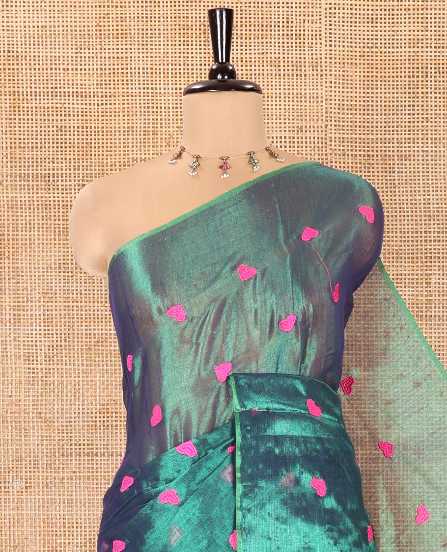 Borderless Green Tissue Mul Cotton Saree, Artfully Designed with Heart Motifs Embroidered on Its Body, Pallu Mirrors the Same Embroidery, and Is Paired with a Matching Blouse - Image 2