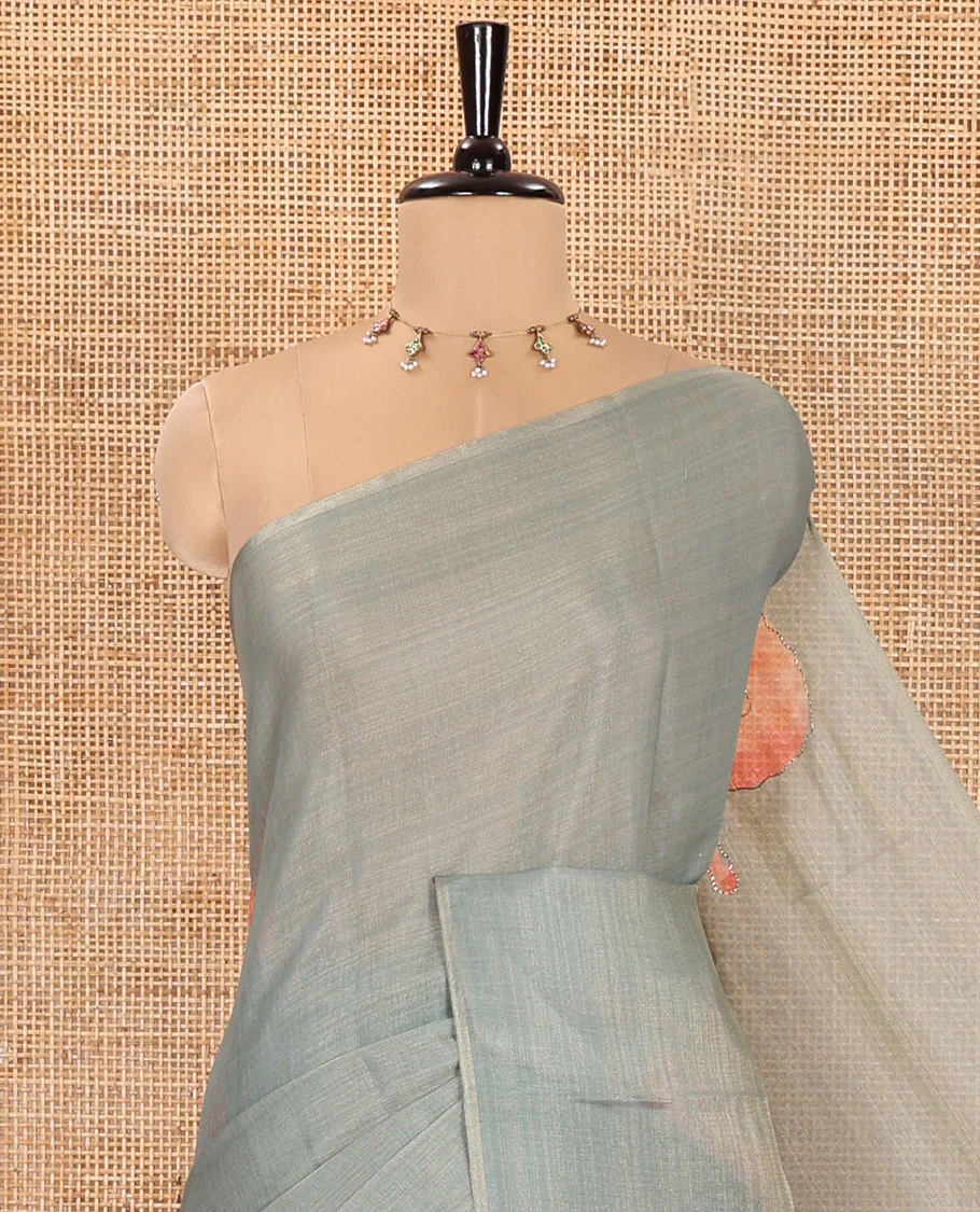 Borderless Green Tissue Saree, Spotlighted with Big Leaf Motifs Print, and Outline Embroidery All Over the Saree, Paired with a Subtle Leaf Motifs Printed Blouse - Image 2