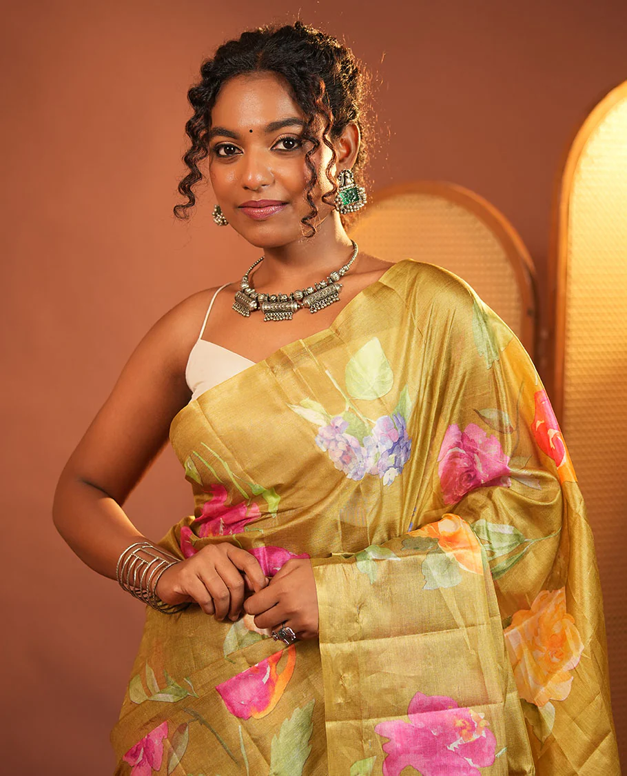 Borderless Green Tussar Silk Saree, Finely Printed with Floral Motifs On Its Body, Subtly Floral Printed Pallu and Paired with a Printed Blouse - Image 2