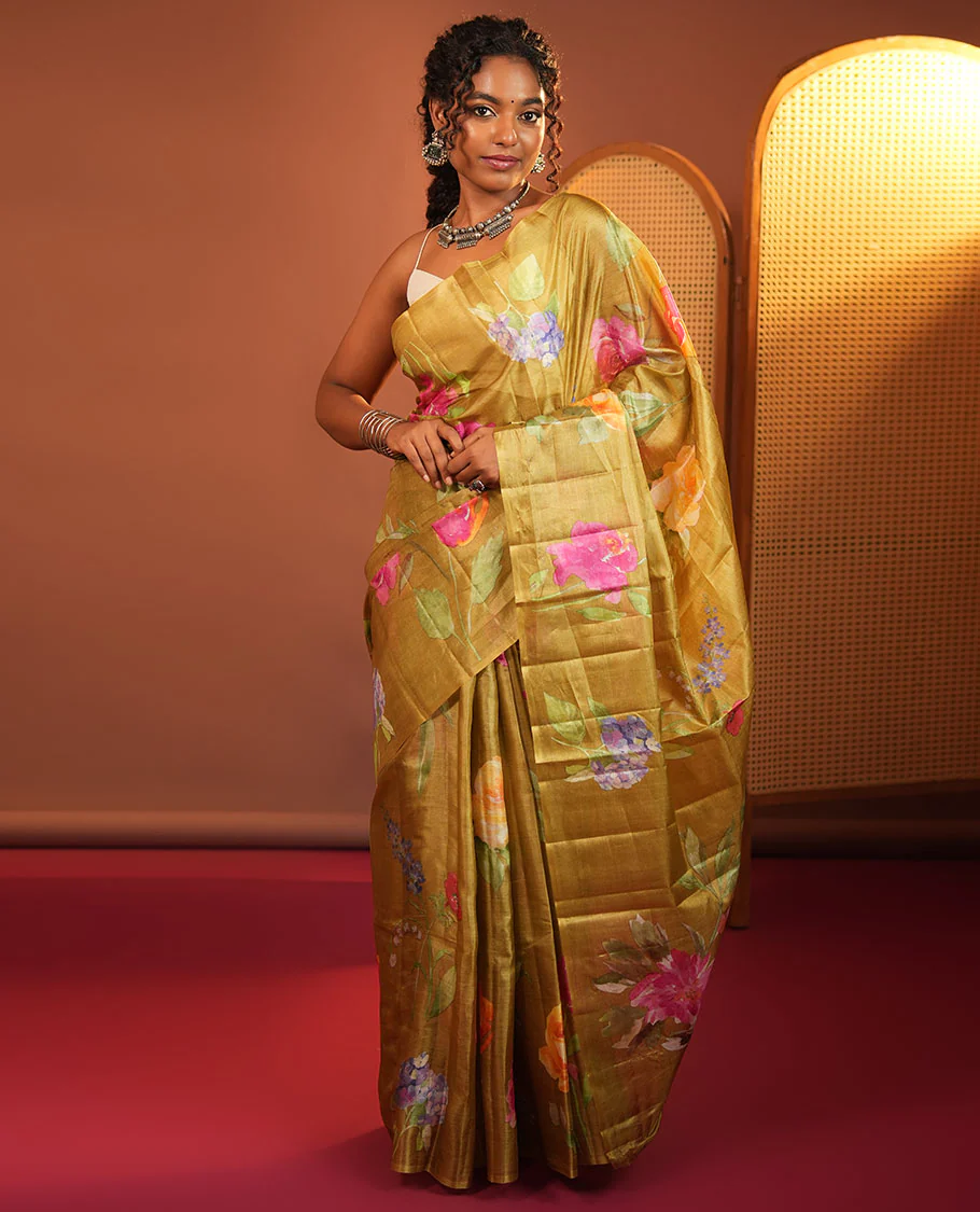 Borderless Green Tussar Silk Saree, Finely Printed with Floral Motifs On Its Body, Subtly Floral Printed Pallu and Paired with a Printed Blouse - Image 3