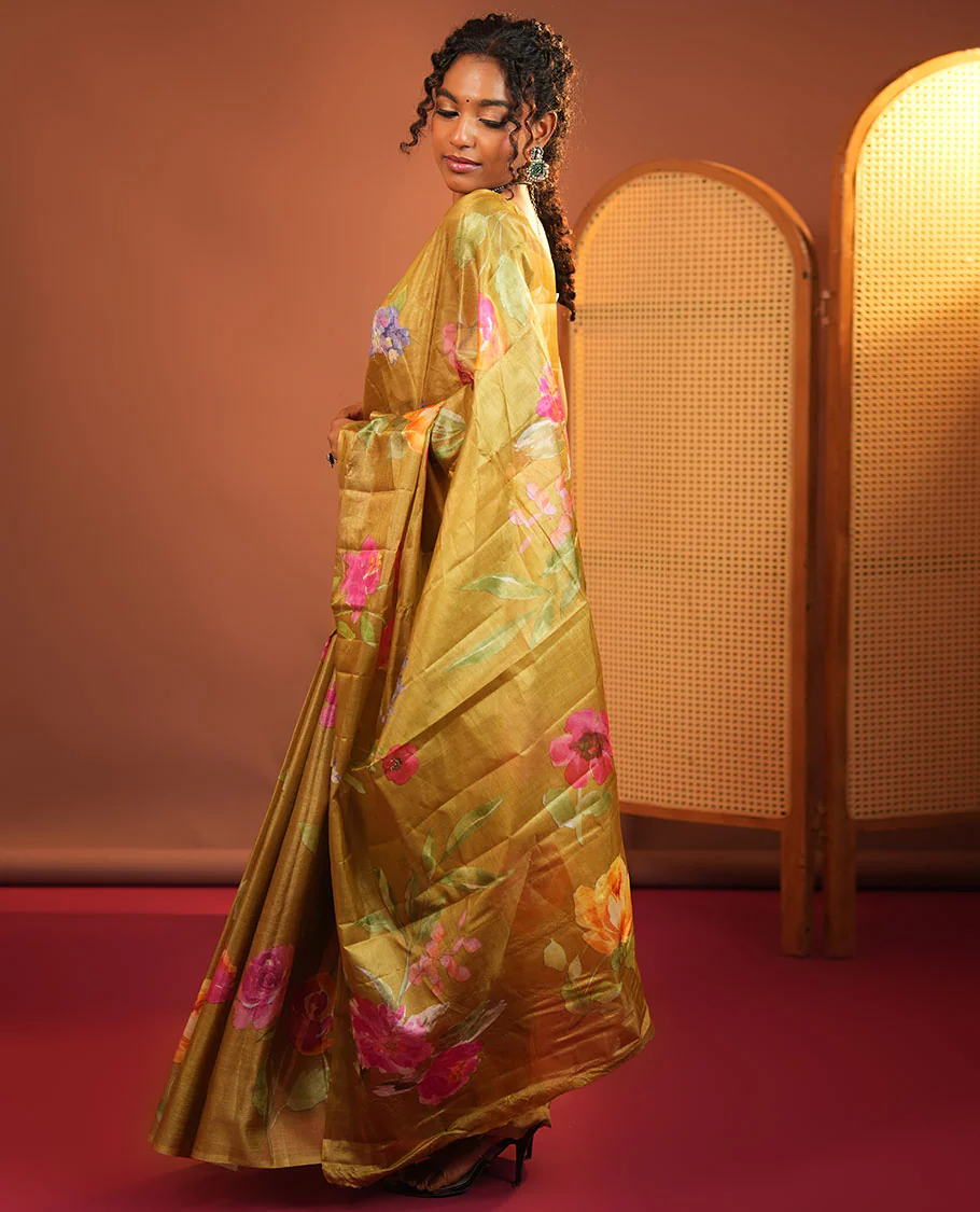 Borderless Green Tussar Silk Saree, Finely Printed with Floral Motifs On Its Body, Subtly Floral Printed Pallu and Paired with a Printed Blouse - Image 4