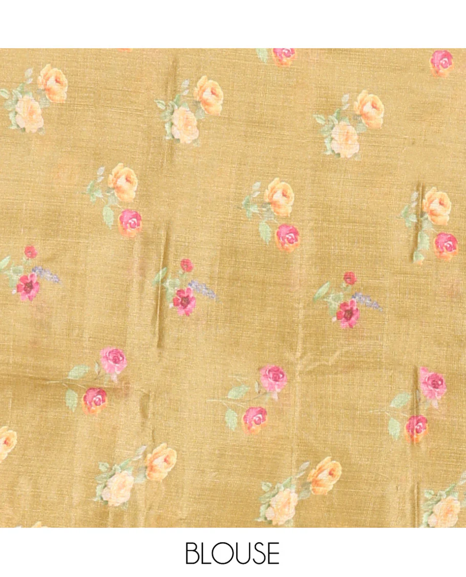 Borderless Green Tussar Silk Saree, Finely Printed with Floral Motifs On Its Body, Subtly Floral Printed Pallu and Paired with a Printed Blouse - Image 5