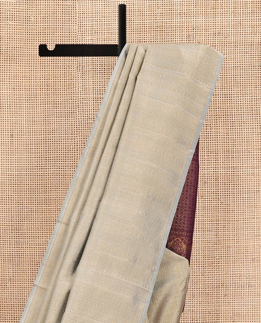 Borderless Grey Kanchipuram Designer Silk Saree, Subtly Steeped with Traditional Designs All Over Its Body, Complemented by Captivating Contrast Pallu of Jaal Designs, and Paired with a Contrast Blouse - Image 3