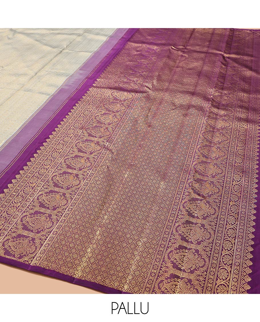 Borderless Grey Kanchipuram Designer Silk Saree, Subtly Steeped with Traditional Designs All Over Its Body, Complemented by Captivating Contrast Pallu of Jaal Designs, and Paired with a Contrast Blouse - Image 5