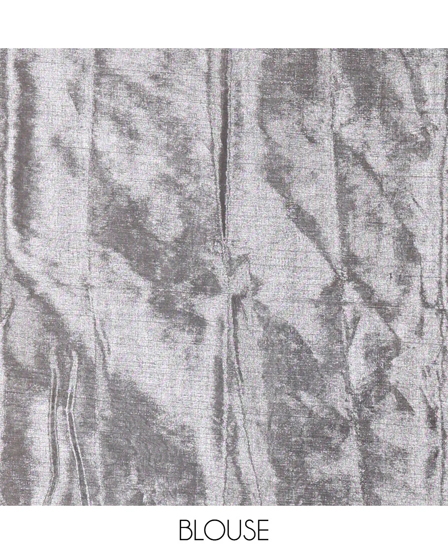 Borderless grey plain khadi tissue saree self pallu with tassels and a matching blouse - Image 3