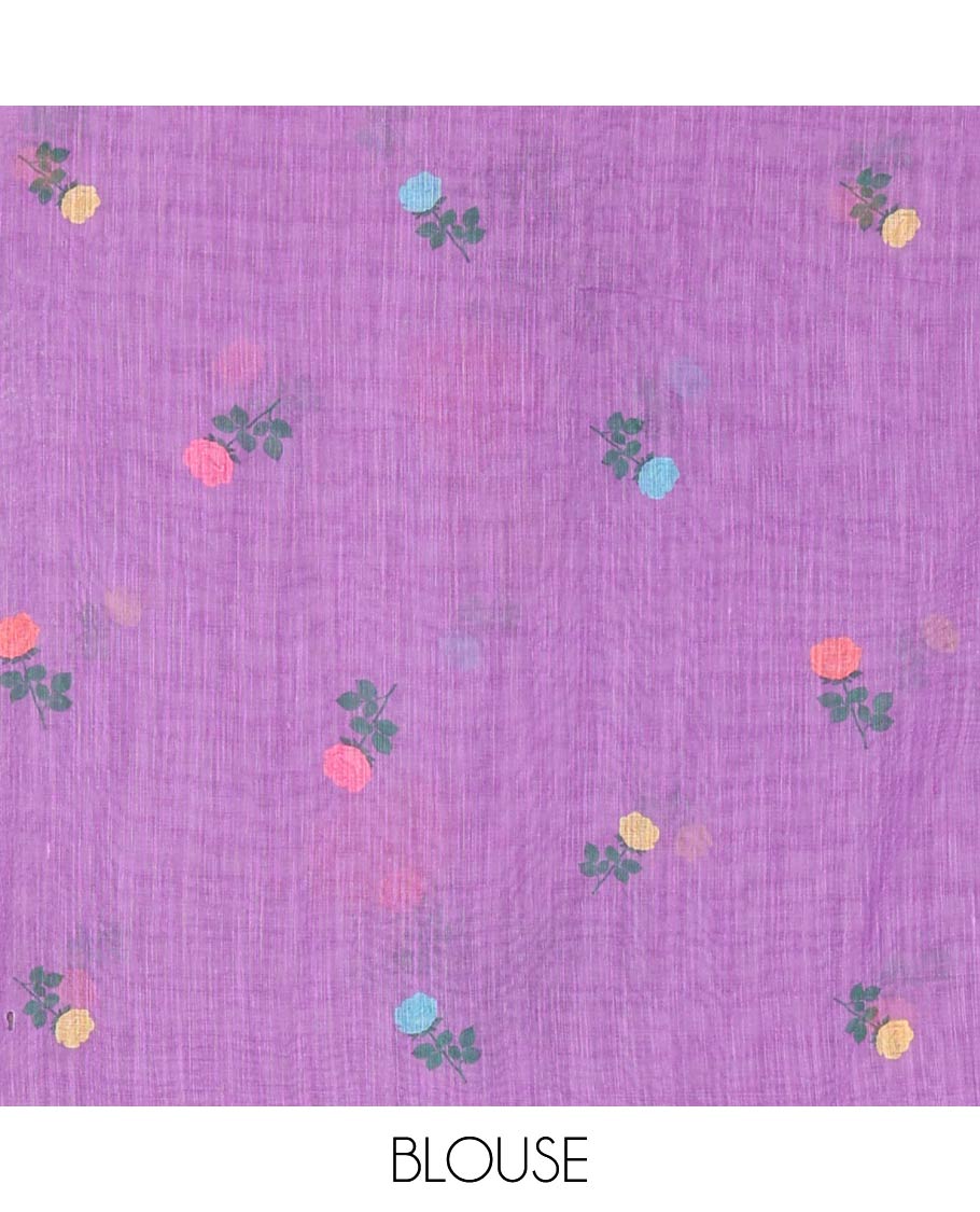 Borderless Lavender Linen Cotton Saree, Enlivened with Rose Floral Buttas and Checked Design on Its Body, Pallu Pictures a Beautiful Rose Floral Motifs, and Paired with a Matching Blouse - Image 3