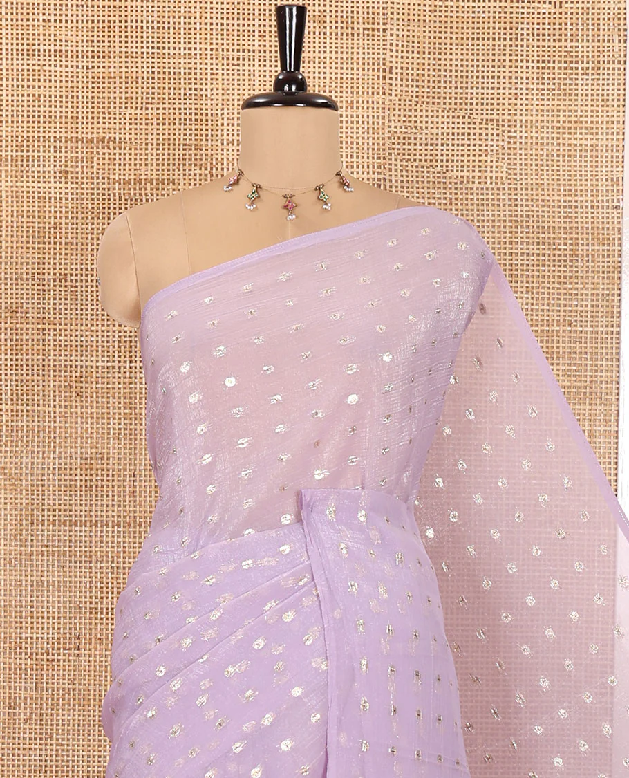 Borderless Lavender Shimmer Saree, Adorned with Zari Buttas All Over Its Body, Pallu Mirrors the Same Buttas, and Comes Without a Blouse - Image 2