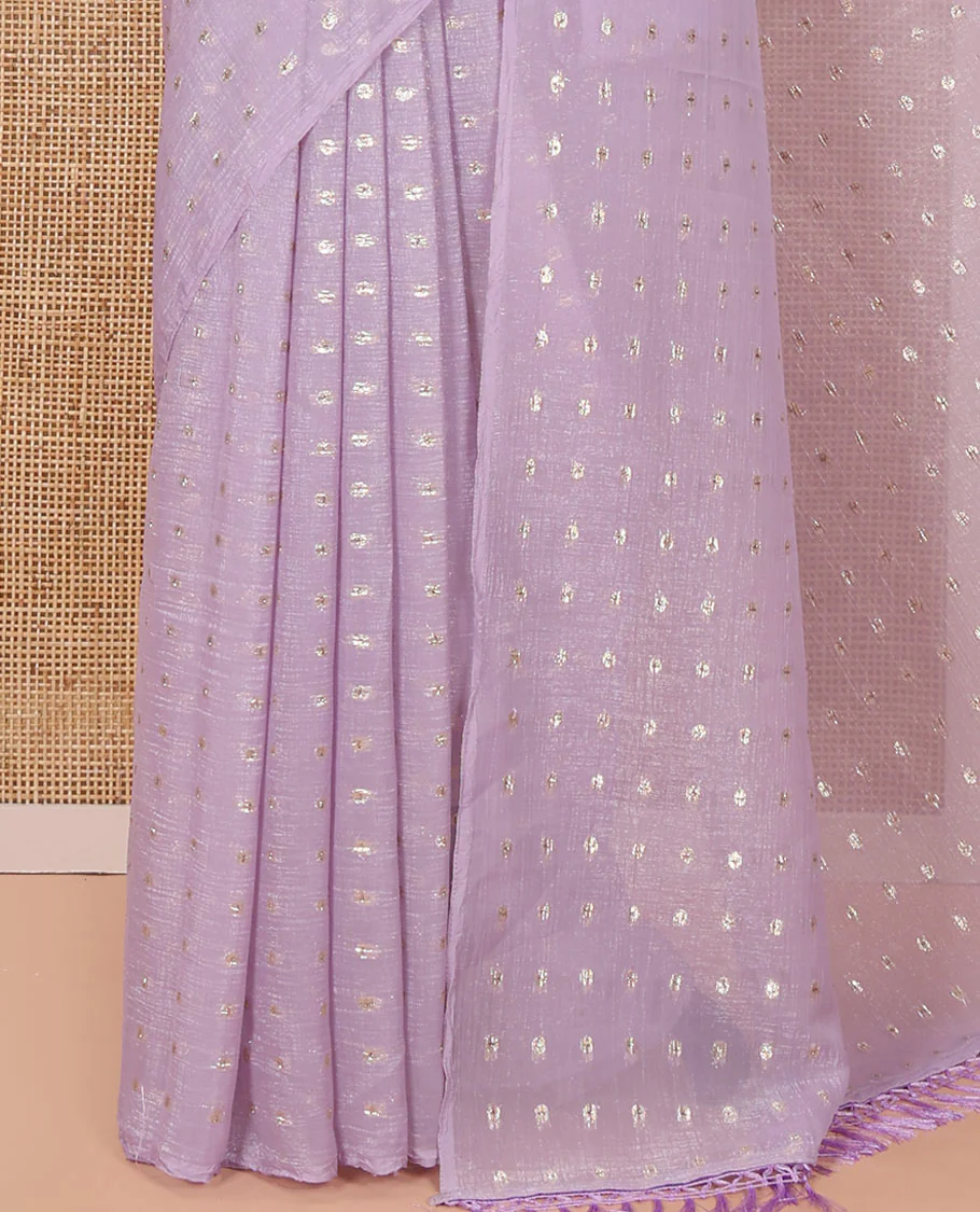 Borderless Lavender Shimmer Saree, Adorned with Zari Buttas All Over Its Body, Pallu Mirrors the Same Buttas, and Comes Without a Blouse - Image 3