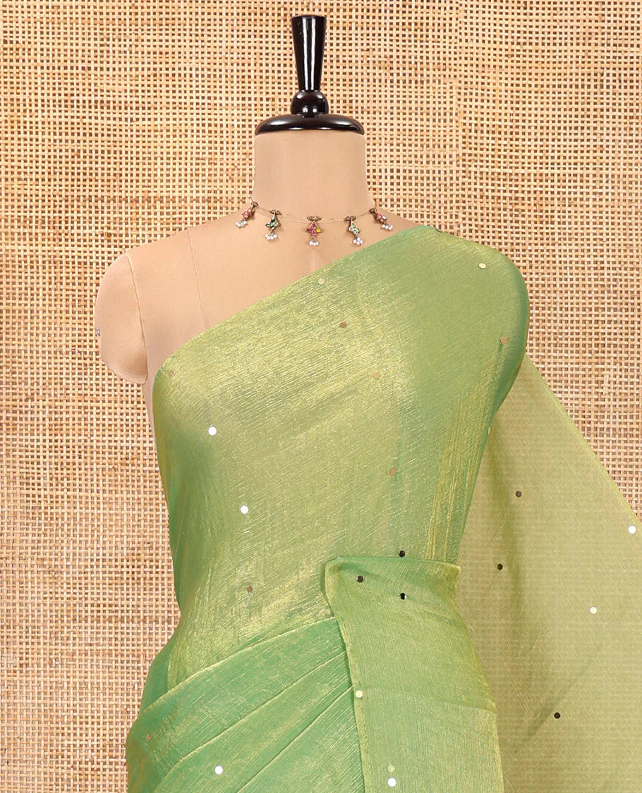 Borderless Lime Green Fendy Chiffon Saree, Gleamed Up with Sequin Work on Its Body, Highlighted by a Self-Pallu of Sequin Work, and Paired with a Matching Blouse - Image 2