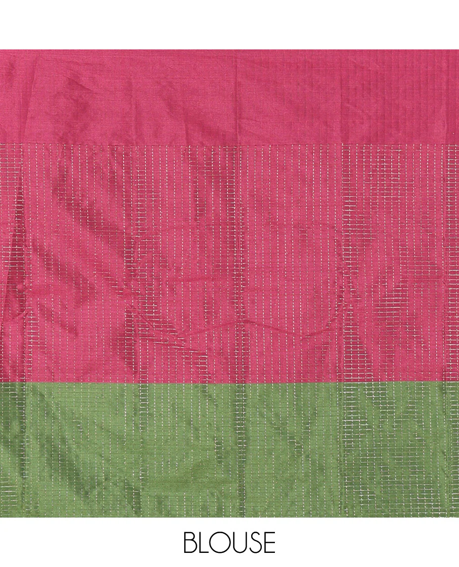 Borderless Magenta, Green, and Magenta Trio-Colored Kanchi Soft Silk Saree Elevated with Micro-Checks on Its Body, Self-Pallu of Stripes, and Paired with a Matching Blouse - Image 3
