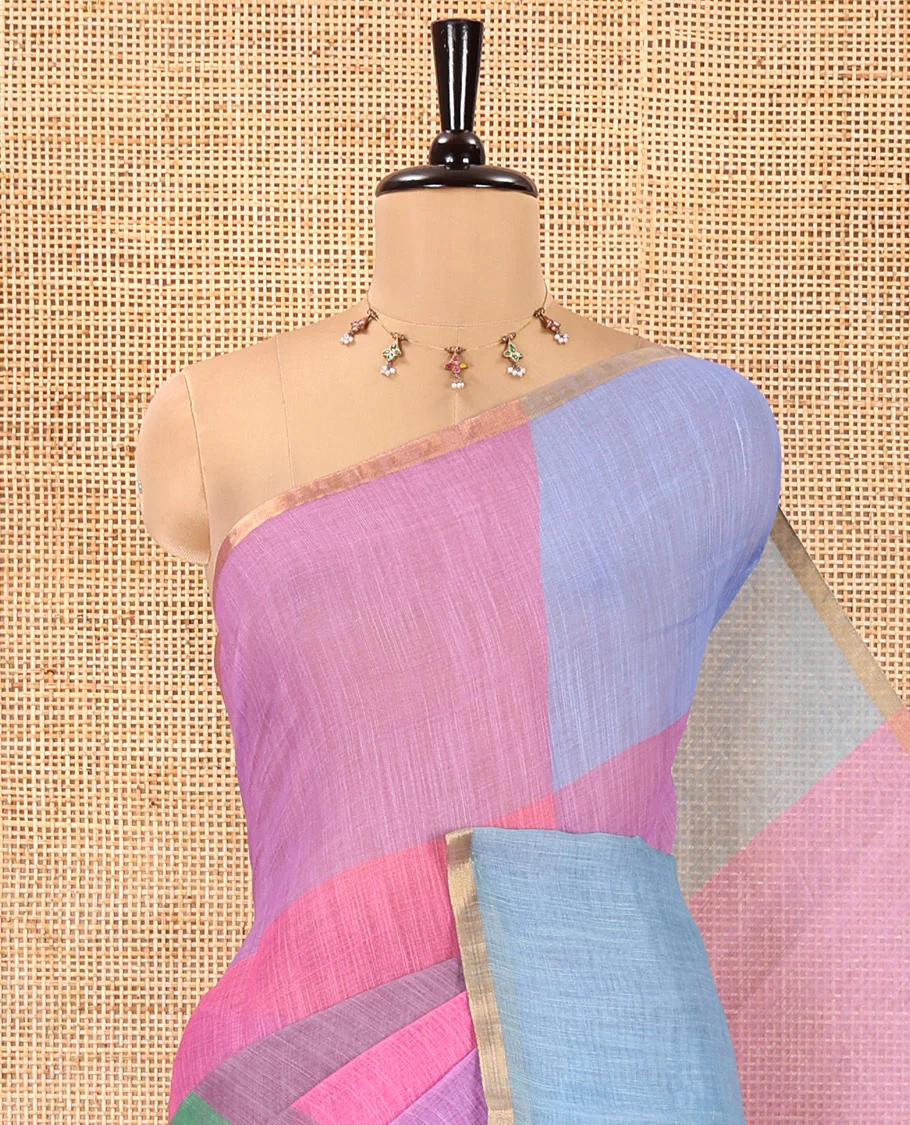 Borderless Magenta Linen Cotton Saree, Bedecked with Macro-Checked Design on Its Body, a Self-Pallu, and Paired with a Contrast-Printed Blouse - Image 2