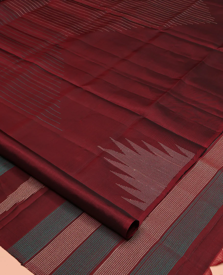 Borderless Maroon Mayuri Lite Silk Mix Saree, Elevated with Stripes and Thazampoo Rekku All Over Its Body, Highlighted Pallu of Stripes, and Paired with a Matching Blouse - Image 2