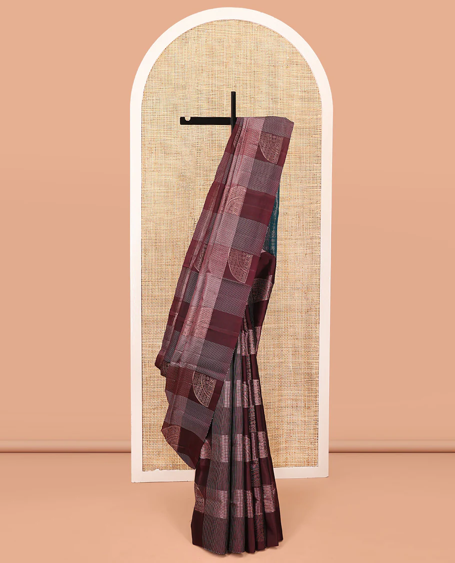 Borderless Maroon Mayuri Lite Silk Mix Saree, Majestically Detailed with Zari Buttas and Checks on Its Body, Complemented by a Contrast Pallu of Intricate Designs, and Paired with a Contrast Blouse