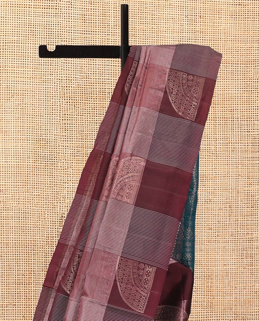 Borderless Maroon Mayuri Lite Silk Mix Saree, Majestically Detailed with Zari Buttas and Checks on Its Body, Complemented by a Contrast Pallu of Intricate Designs, and Paired with a Contrast Blouse - Image 3