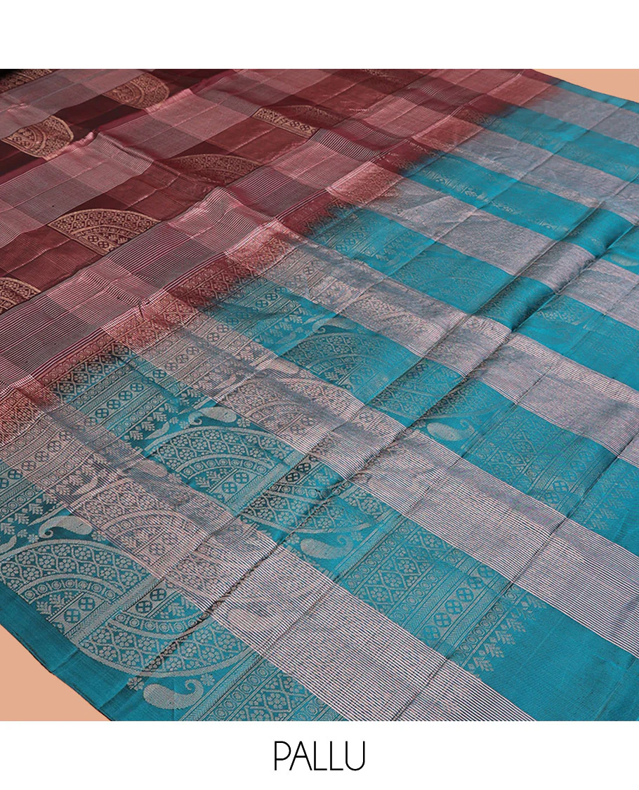 Borderless Maroon Mayuri Lite Silk Mix Saree, Majestically Detailed with Zari Buttas and Checks on Its Body, Complemented by a Contrast Pallu of Intricate Designs, and Paired with a Contrast Blouse - Image 5