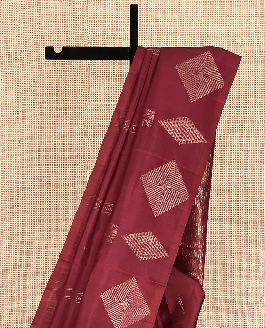 Borderless Maroon Mayuri Soft Silk Saree, Adorned with Buttas All Over Its Body, a Self-Pallu of Geometric Patterns, and Paired with a Matching Blouse - Image 3
