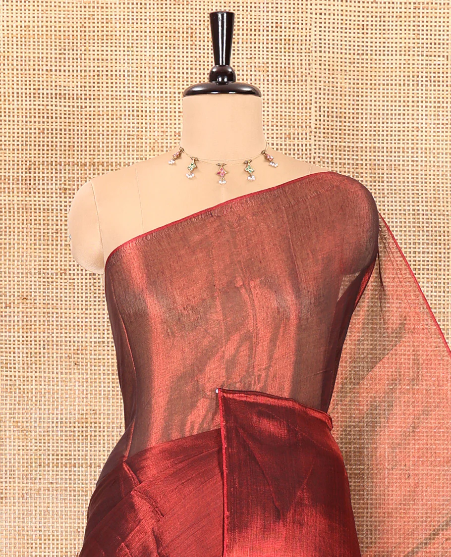 Borderless maroon plain khadi tissue saree self pallu with tassels and a matching blouse - Image 2