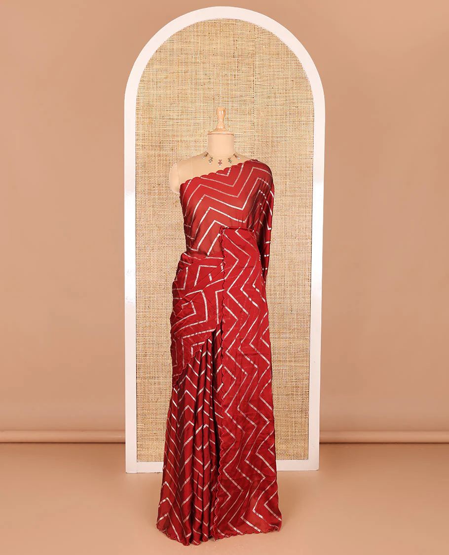 Borderless maroon zig-zag stripes gold foil printed, scallop-edged rangoli chiffon saree with a matching bandhani dotted blouse - Image 2