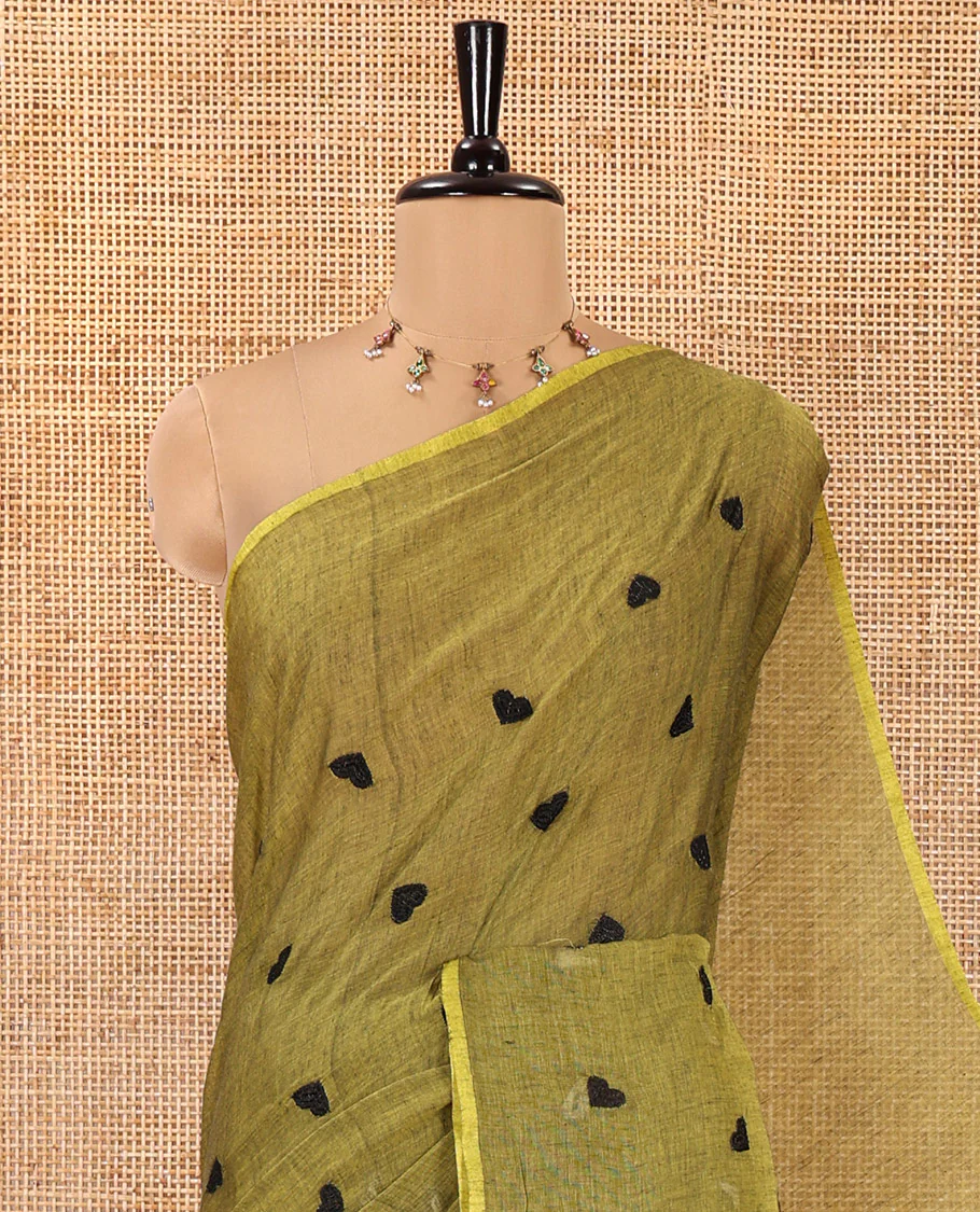 Borderless Mehandi Khadi Mul Cotton Saree, Delicately Woven with Heart Motifs Embroidered All Over Its Body, a Self-Pallu, and Matching Blouse - Image 2