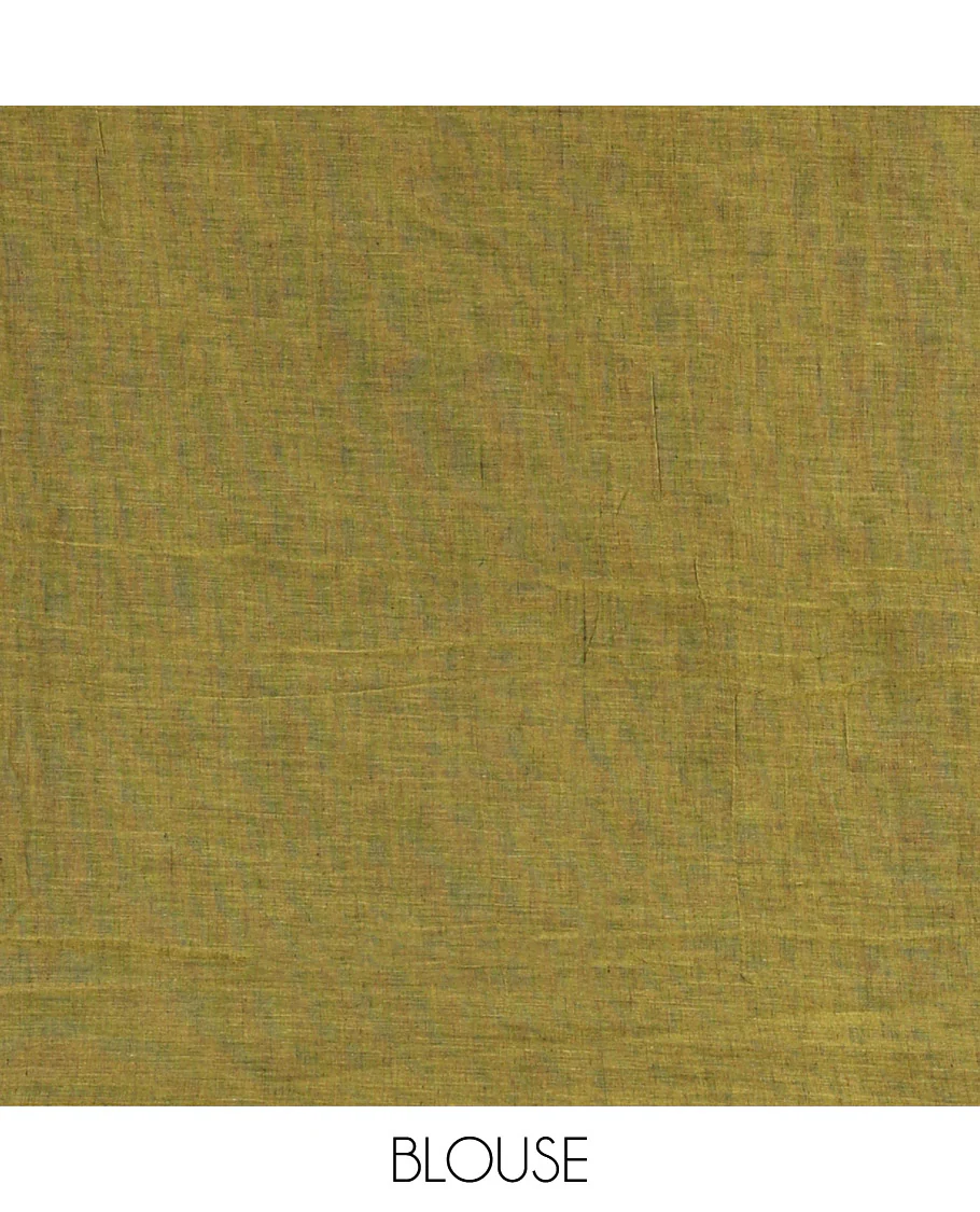Borderless Mehandi Khadi Mul Cotton Saree, Delicately Woven with Heart Motifs Embroidered All Over Its Body, a Self-Pallu, and Matching Blouse - Image 3