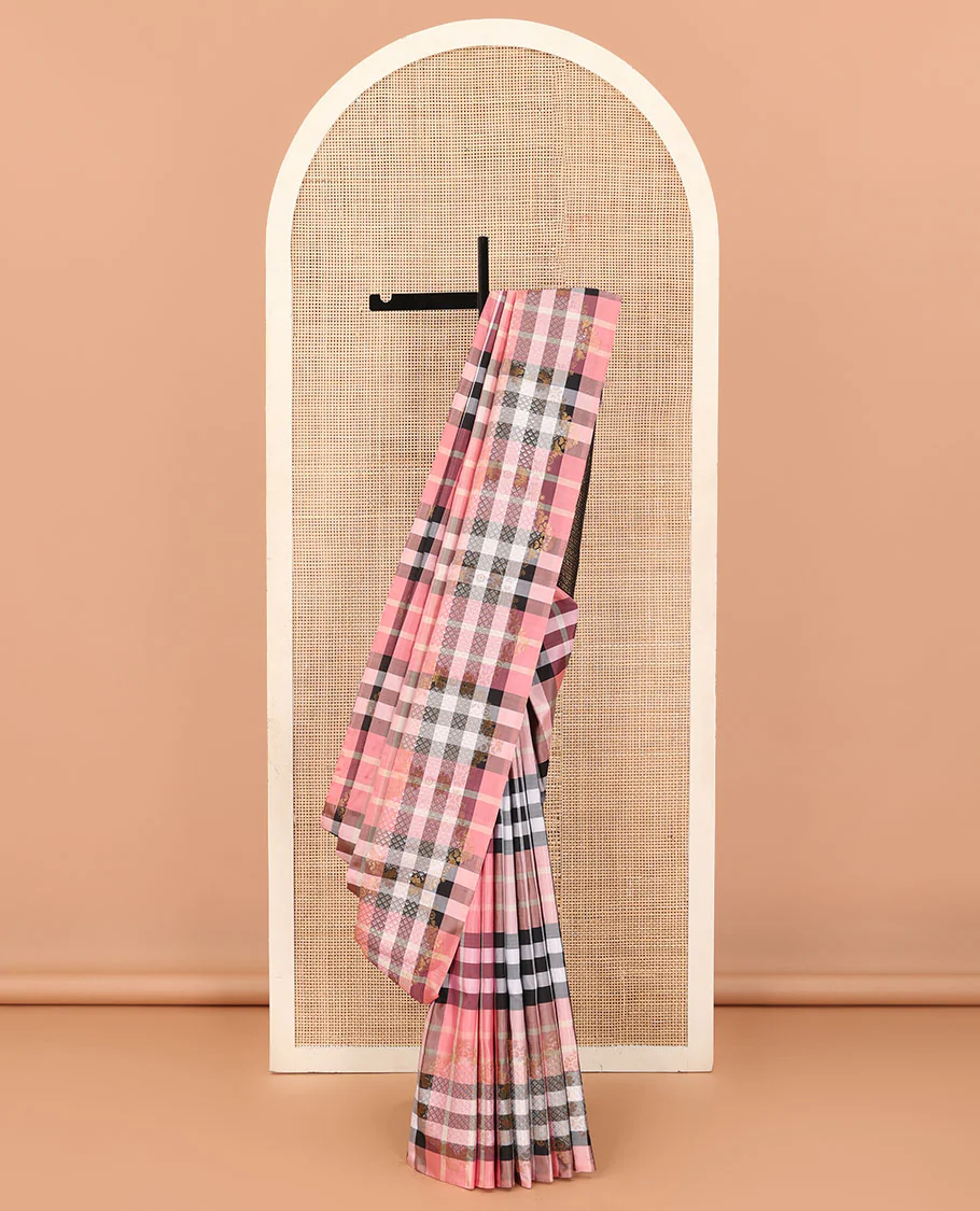 Borderless multi-color checked Kanchipuram silk saree features zari woven ara maadam and floral designs, contrast traditional zari motifs steeped pallu - Image 3