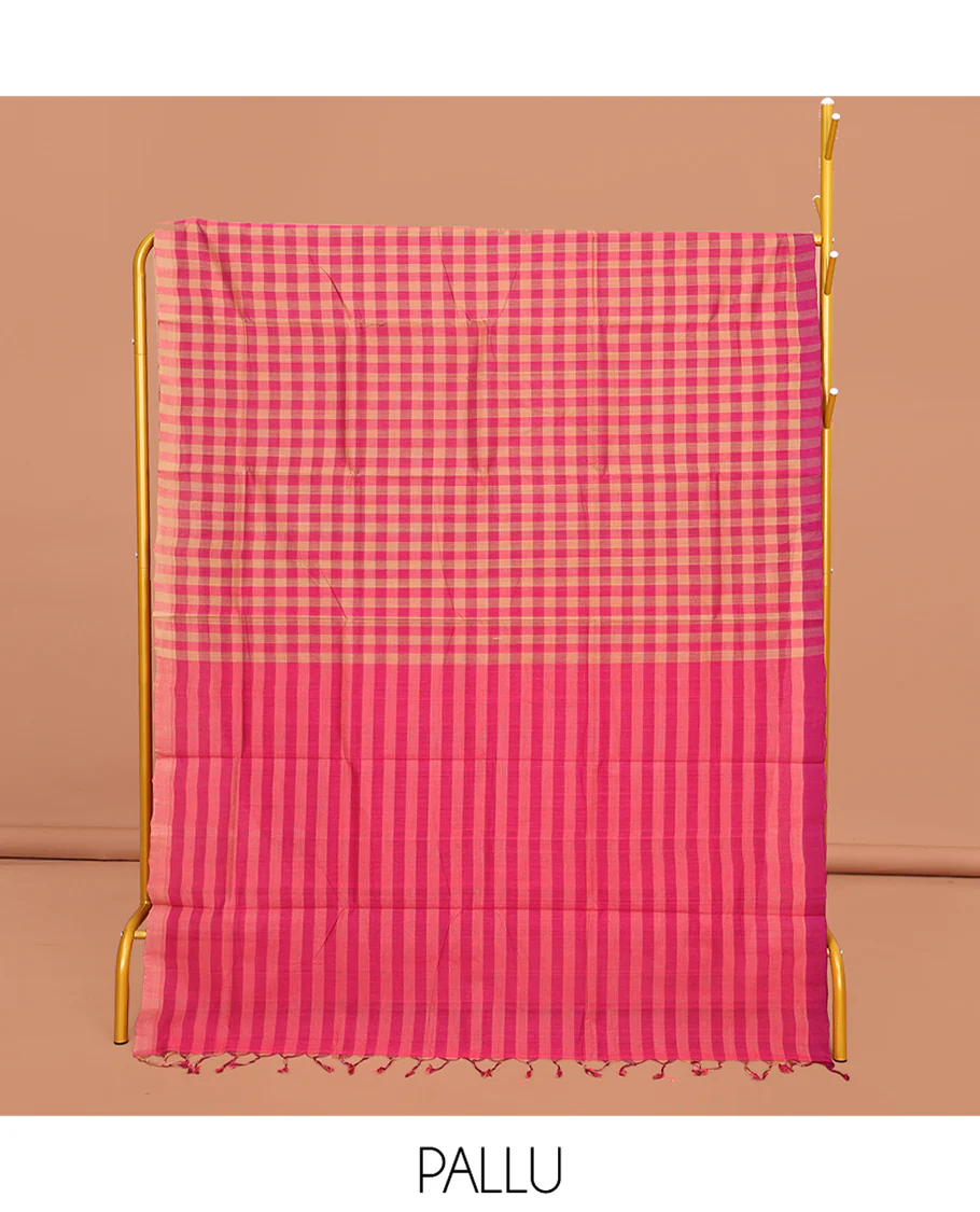 Borderless Multi-Color Checked Mangalgiri Cotton Saree, Subtly Checked Pallu and Paired with a Matching Blouse - Image 2