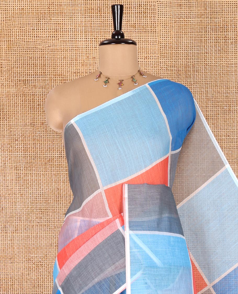 Borderless Multi-color Linen Cotton Saree, Accentuated with Big Colorful Solid Checks On Its Body, Self-Pallu of Tassels, and Paired with a Contrast Plain Blouse - Image 2
