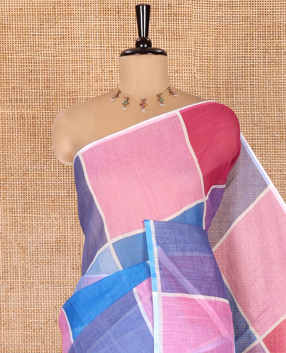 Borderless Multi-color Linen Cotton Saree, Entralled with Big Colorful Solid Checks On Its Body, Self-Pallu of Tassels, and Paired with a Contrast Plain Blouse - Image 2