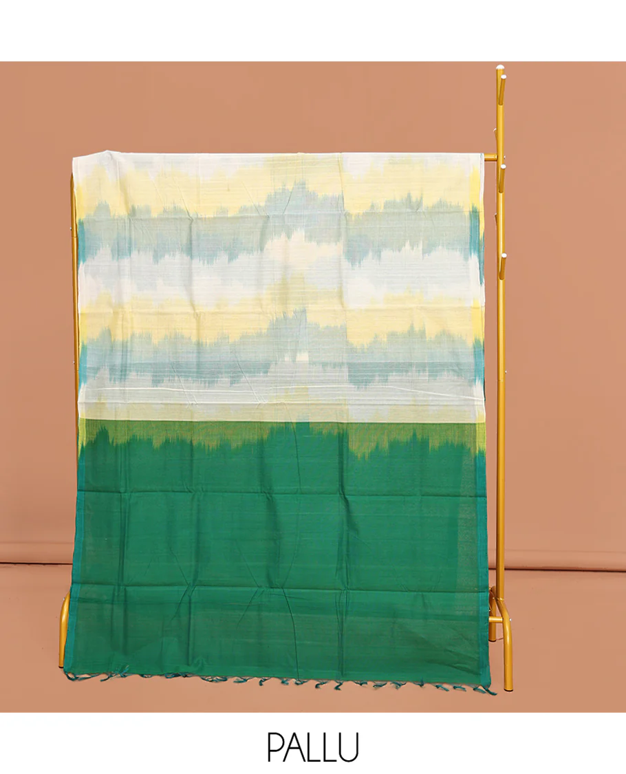 Borderless Multi-Color Mangalgiri Cotton Saree, Uniquely Designed with Ikat Texture, Complemented by Contrast Pallu, and Paired with a Contrast Blouse - Image 2