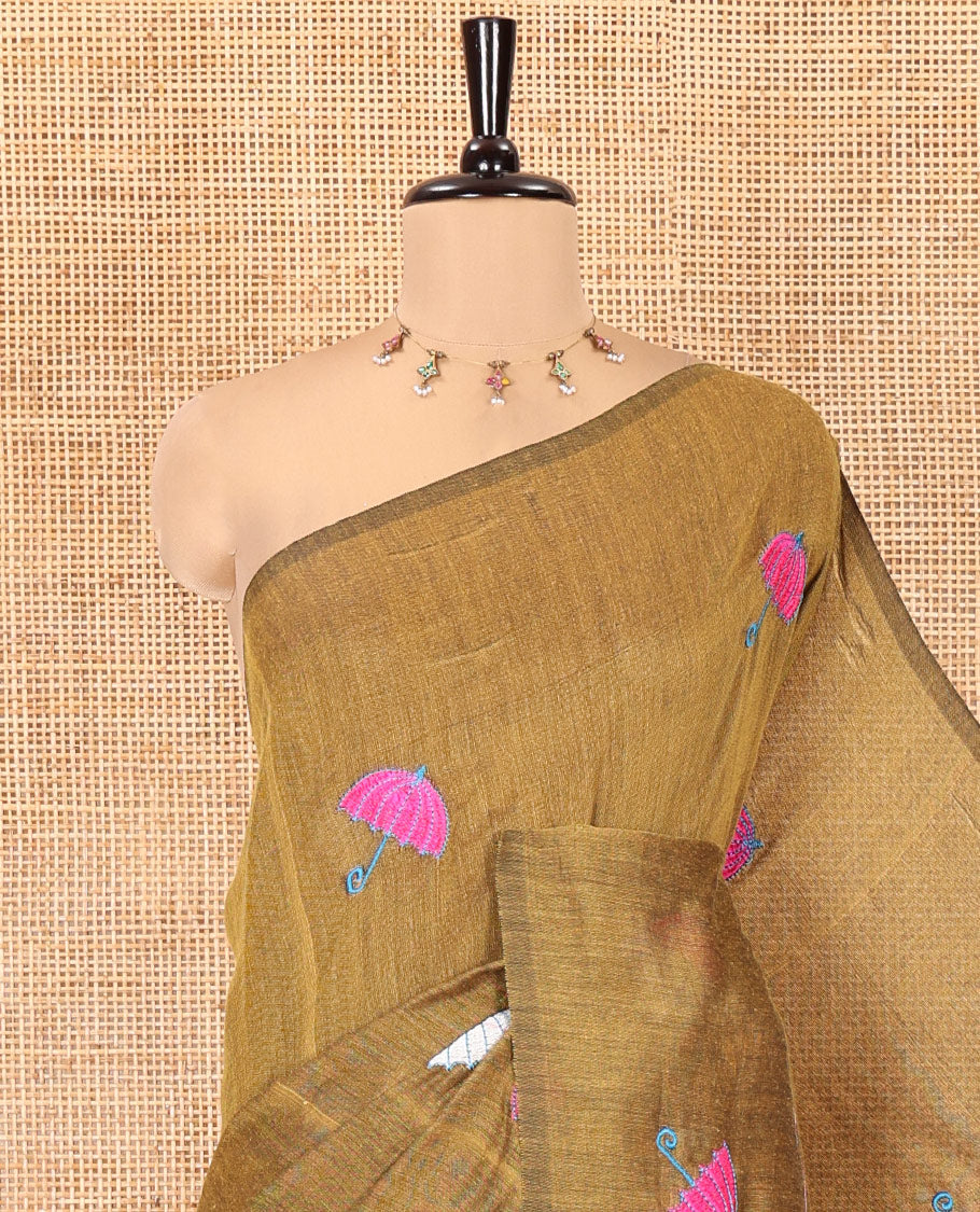 Borderless Mustard Khadi Cotton Saree, Delicately Woven with Umbrella Motifs, Thread Embroidered on Its Body, a Self-Pallu, and Paired with a Matching Blouse - Image 2