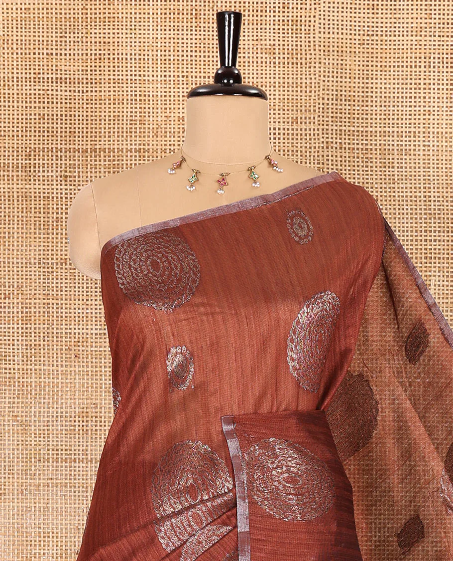 Borderless mustard neem zari circle motifs fancy tussar saree with contrast diamond-patterned zari-rich pallu, and a contrast striped blouse - Image 2