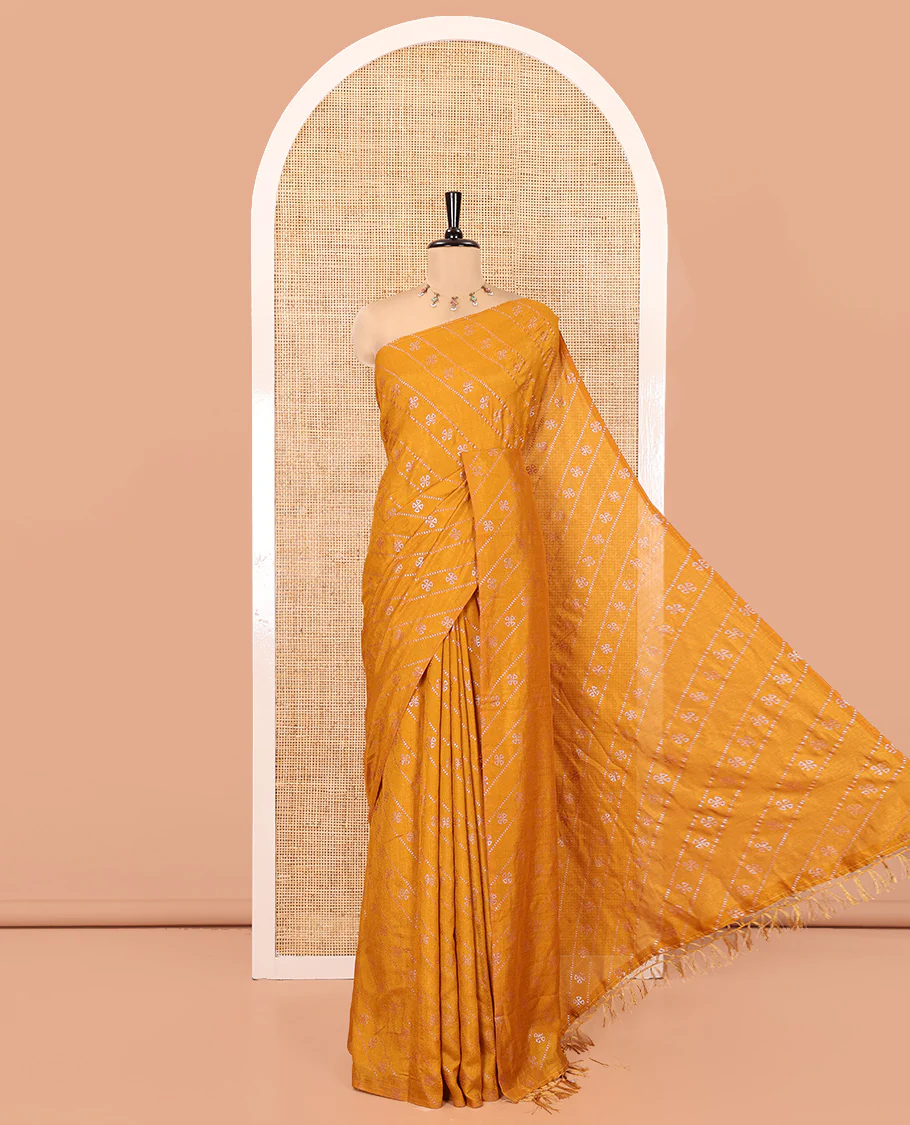 Borderless Mustard Vichitra Silk Saree, Gleamed Up with Floral Buttas and Leheriya-Style Foil Print on Its Body, a Self-Pallu, and Has No Blouse
