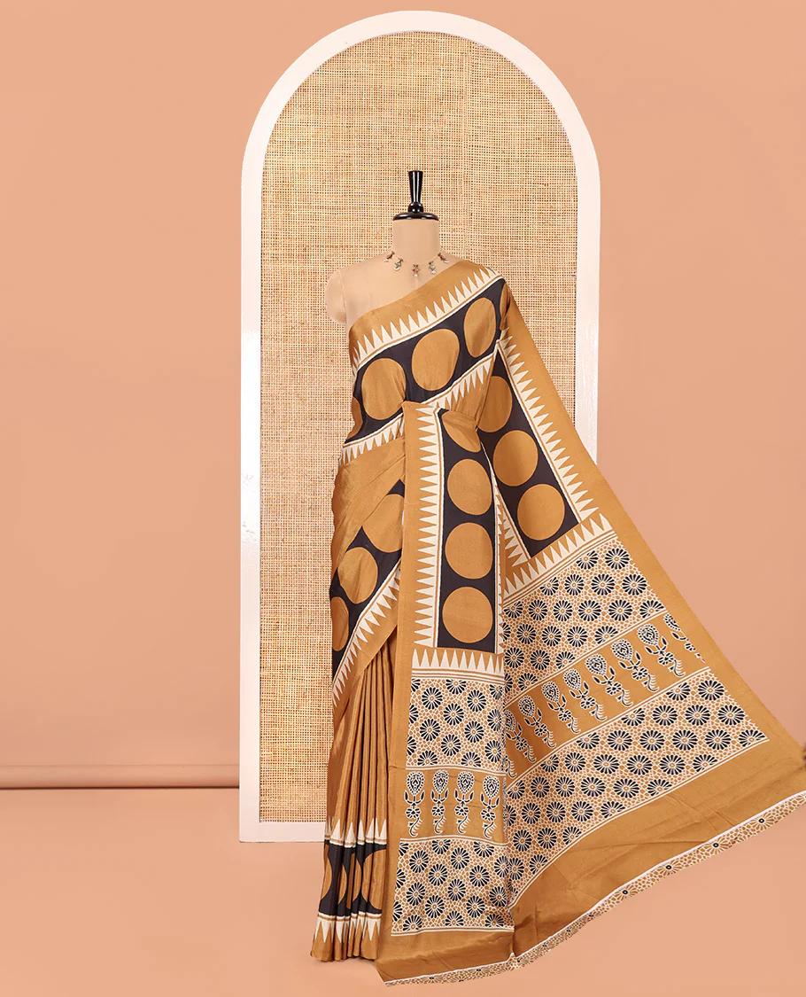 Mustard Satin Crepe Saree, Adorned with Polka Dot and Temple Buttas on Its Body, Highlighted by a Zari Border, Pallu Steeped with Floral Designs, and Paired with a Matching Blouse