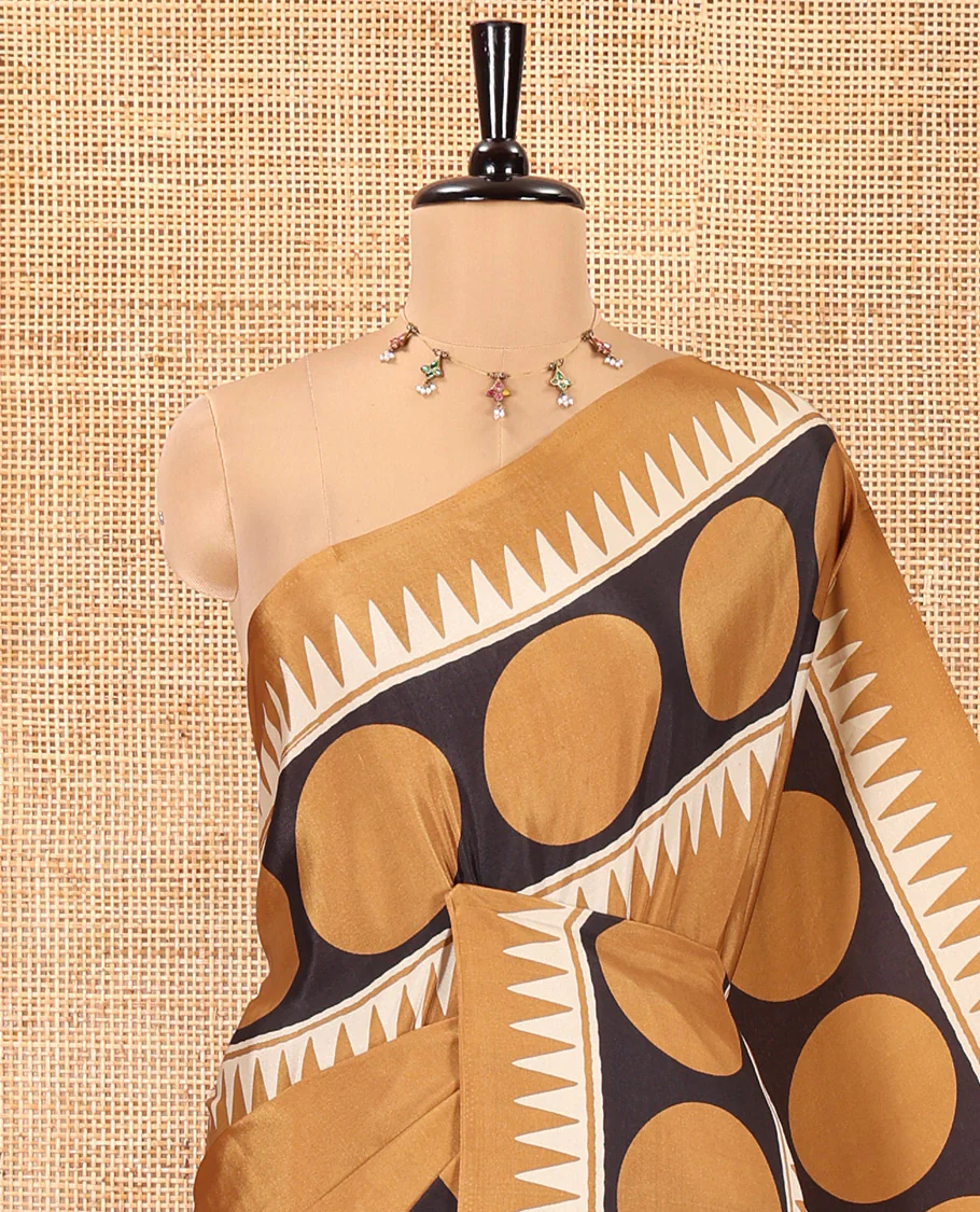 Mustard Satin Crepe Saree, Adorned with Polka Dot and Temple Buttas on Its Body, Highlighted by a Zari Border, Pallu Steeped with Floral Designs, and Paired with a Matching Blouse - Image 2