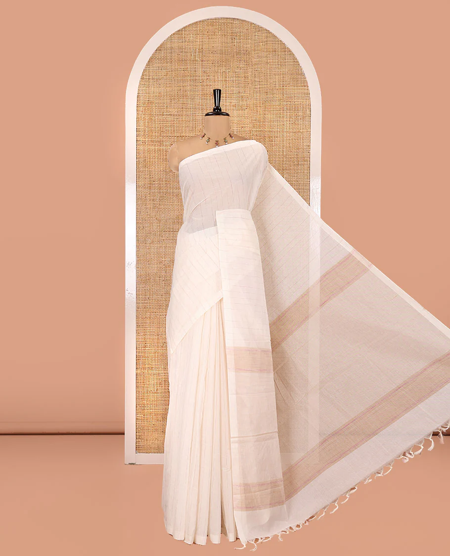 Borderless Off-White Negamam Cotton Saree, Subtly Woven with Vertical Stripes All Over Its Body, a Self-Pallu, and Paired with a Contrast Blouse