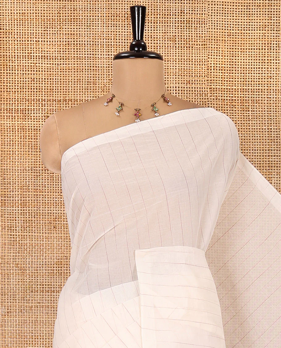Borderless Off-White Negamam Cotton Saree, Subtly Woven with Vertical Stripes All Over Its Body, a Self-Pallu, and Paired with a Contrast Blouse - Image 2