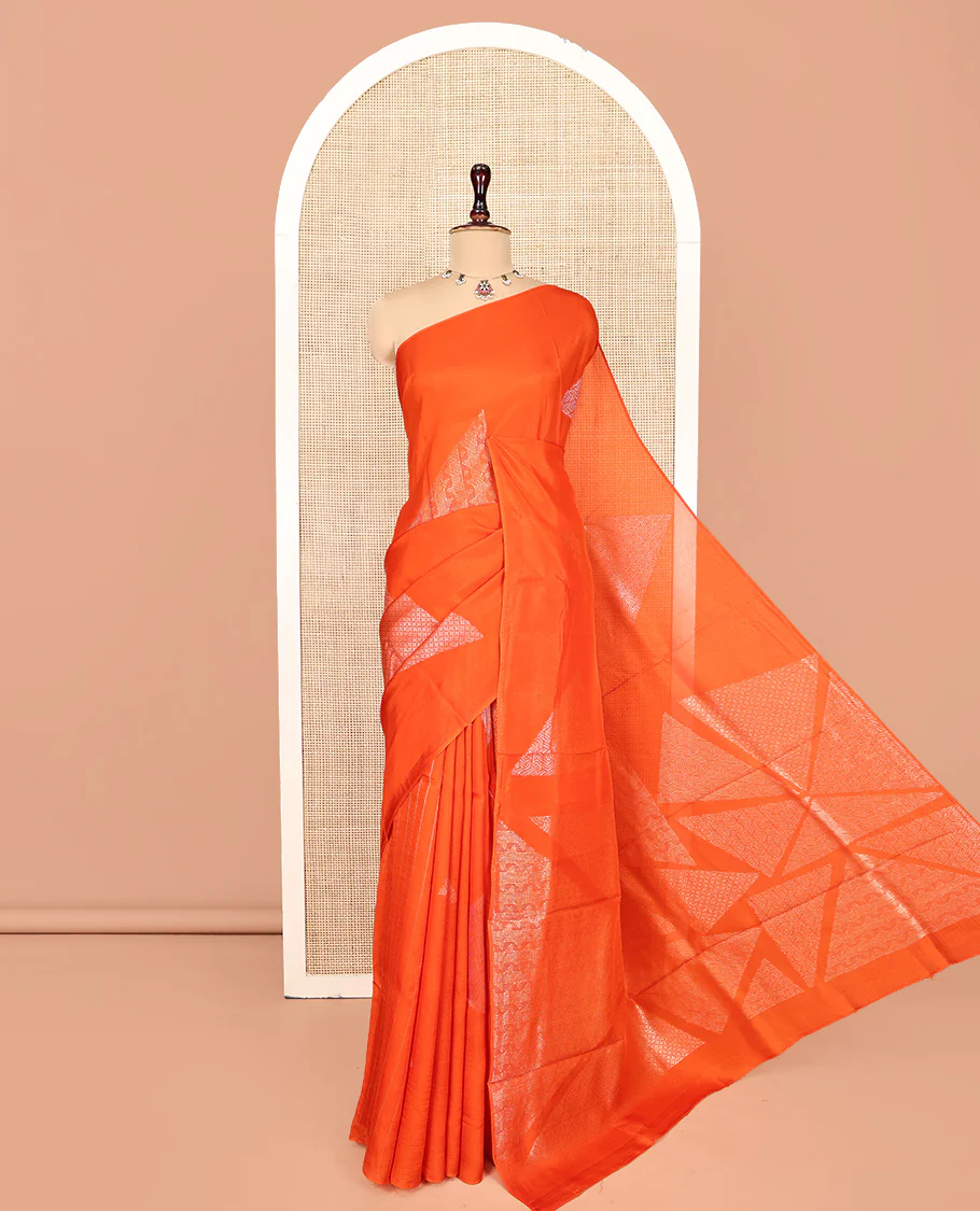Borderless Orange Chanderi Cotton Saree, Richly Detailed with Zari Triangle Motifs Steeped All Over Its Body, Highlighted by Grand Zari Rich Pallu, and Paired with a Matching Brocade Blouse - Image 4