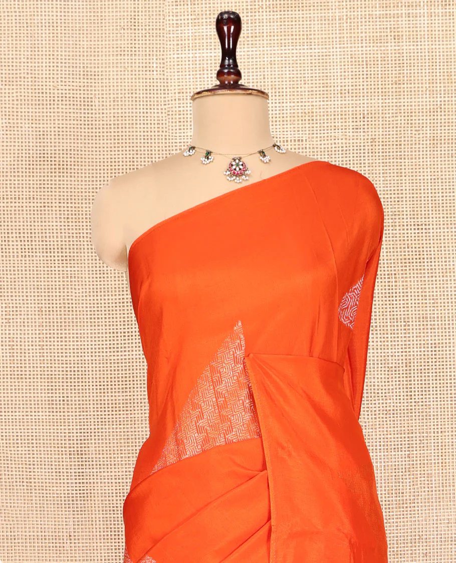 Borderless Orange Chanderi Cotton Saree, Richly Detailed with Zari Triangle Motifs Steeped All Over Its Body, Highlighted by Grand Zari Rich Pallu, and Paired with a Matching Brocade Blouse - Image 5
