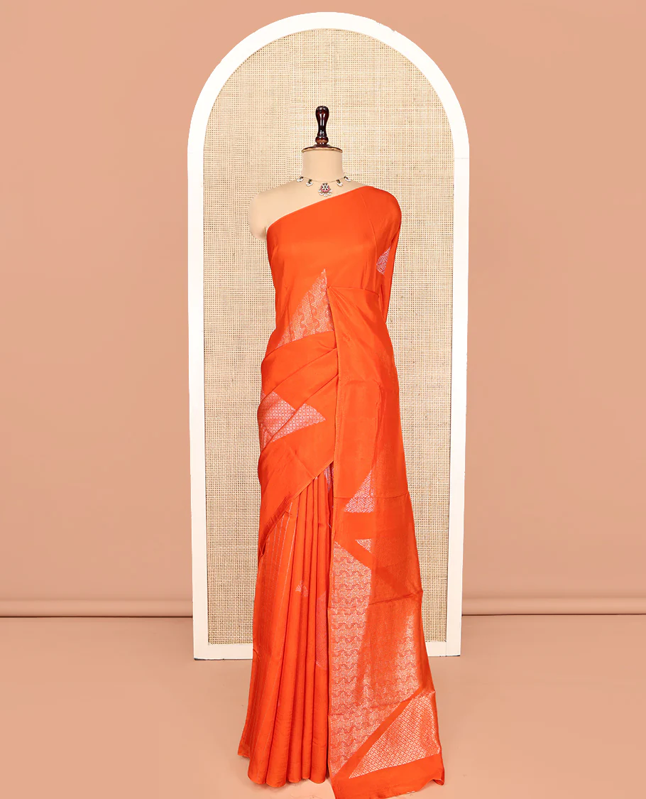 Borderless Orange Chanderi Cotton Saree, Richly Detailed with Zari Triangle Motifs Steeped All Over Its Body, Highlighted by Grand Zari Rich Pallu, and Paired with a Matching Brocade Blouse - Image 6