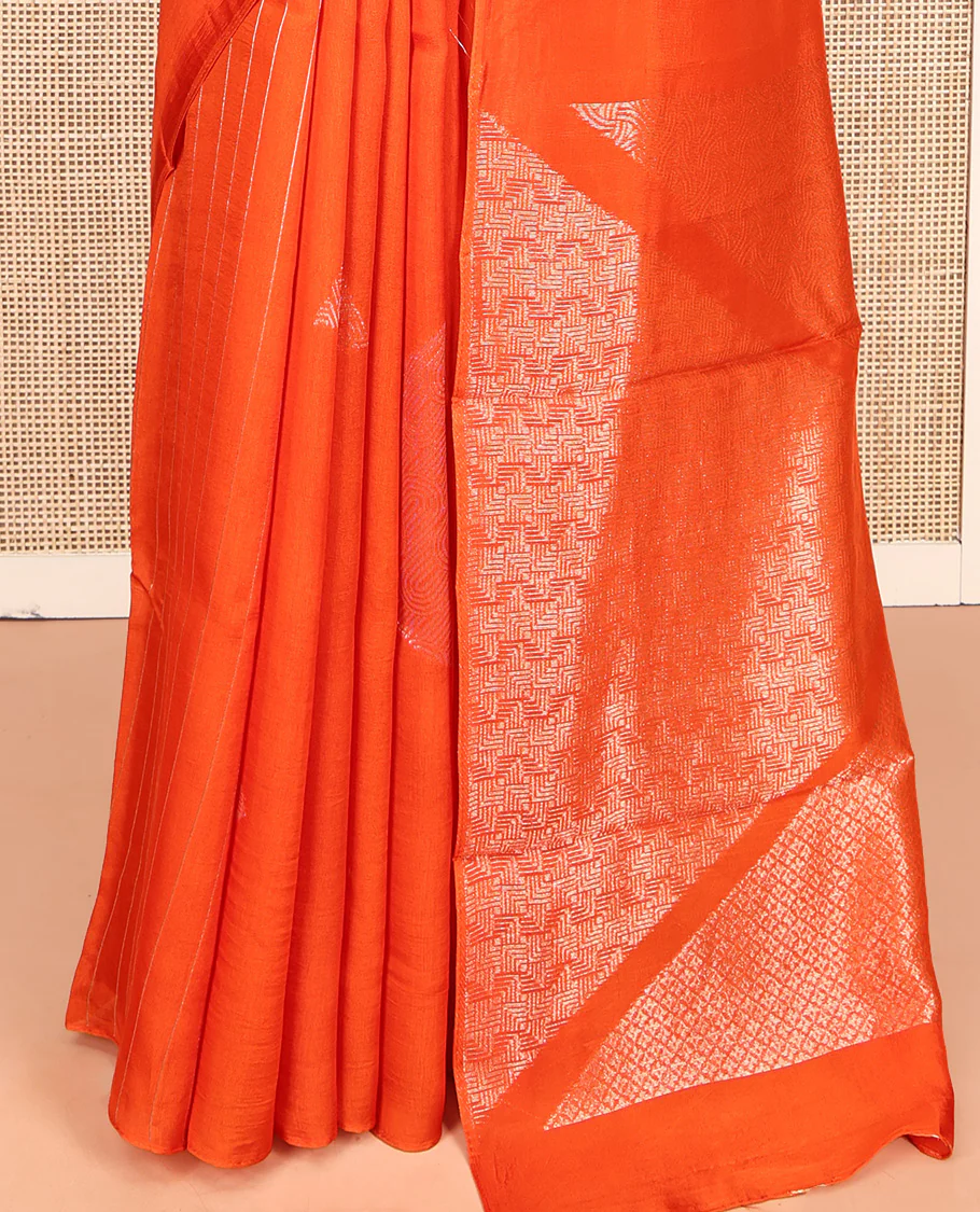 Borderless Orange Chanderi Cotton Saree, Richly Detailed with Zari Triangle Motifs Steeped All Over Its Body, Highlighted by Grand Zari Rich Pallu, and Paired with a Matching Brocade Blouse - Image 7