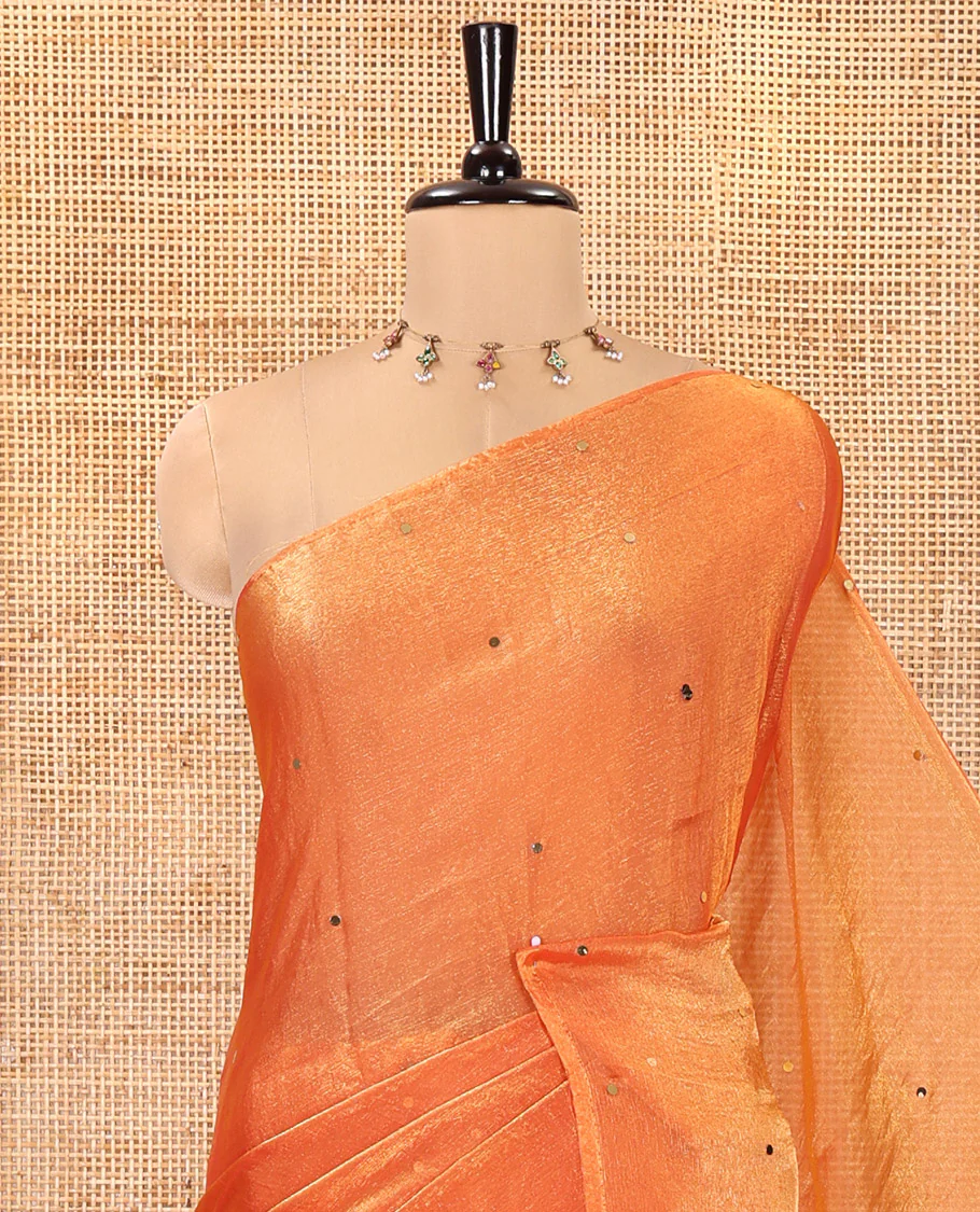 Borderless Orange Fendy Chiffon Saree, Gleamed Up with Sequin Work on Its Body, Highlighted by a Self-Pallu of Sequin Work, and Paired with a Matching Blouse - Image 2