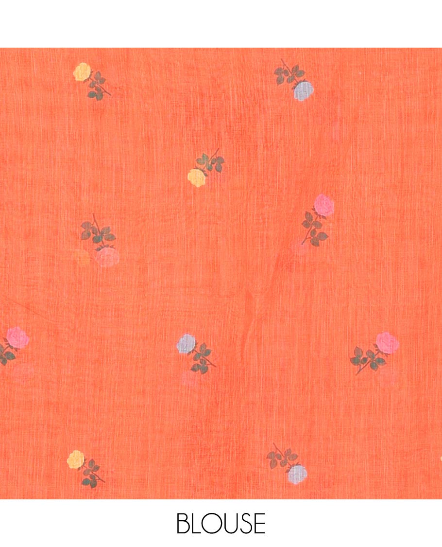Borderless Orange Linen Cotton Saree, Elevated with Rose Floral Buttas and Checked Design on Its Body, Pallu Pictures a Beautiful Rose Floral Motifs, and Paired with a Matching Blouse - Image 3