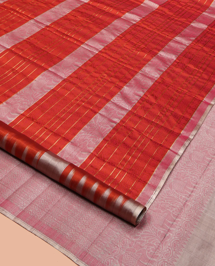 Borderless Orange Mayuri Soft Silk Saree, Elevated with Stripes and Elephant Motifs, Pallu Steeped with Geometric Patterns, and Paired with a Contrast Blouse - Image 2
