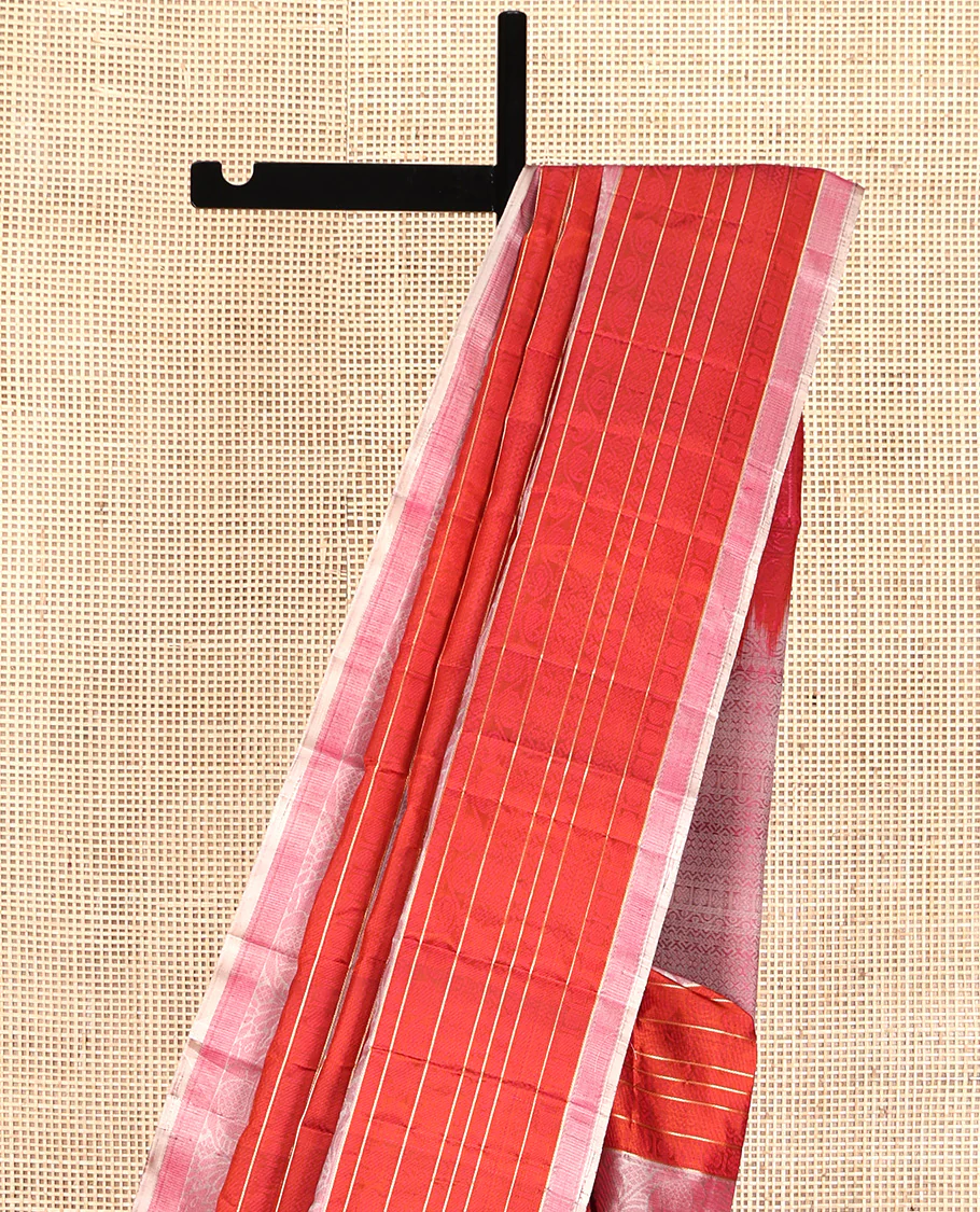 Borderless Orange Mayuri Soft Silk Saree, Elevated with Stripes and Elephant Motifs, Pallu Steeped with Geometric Patterns, and Paired with a Contrast Blouse - Image 3