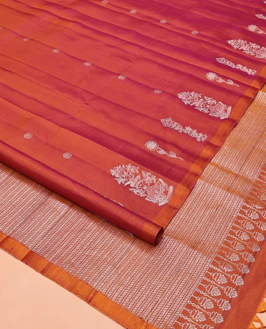 Borderless Orange Mayuri Soft Silk Saree, Entralled with Zari Buttas All Over Its Body, Highlighted by Traditional Zari Designs Woven Pallu, and Paired with a Matching Blouse - Image 2
